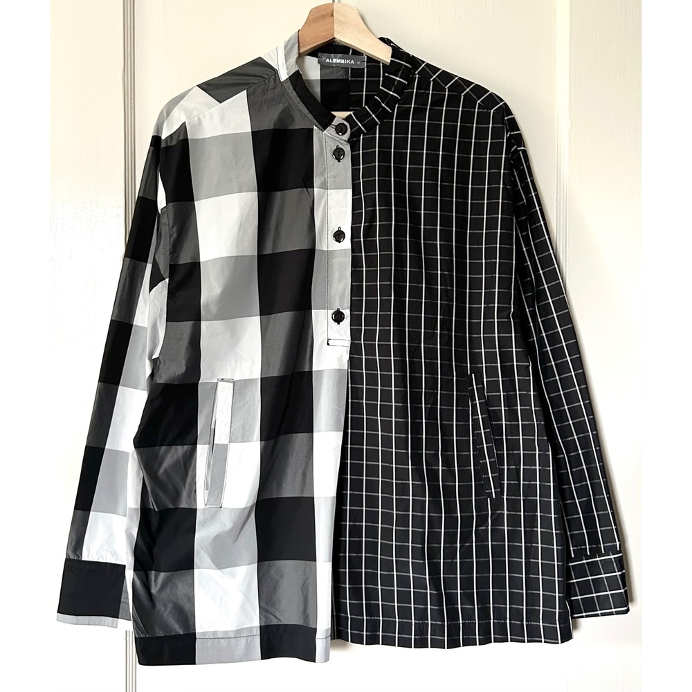 Alembika Black White Mixed Plaid Grid Print Crinkle Top Oversized M Lagenlook